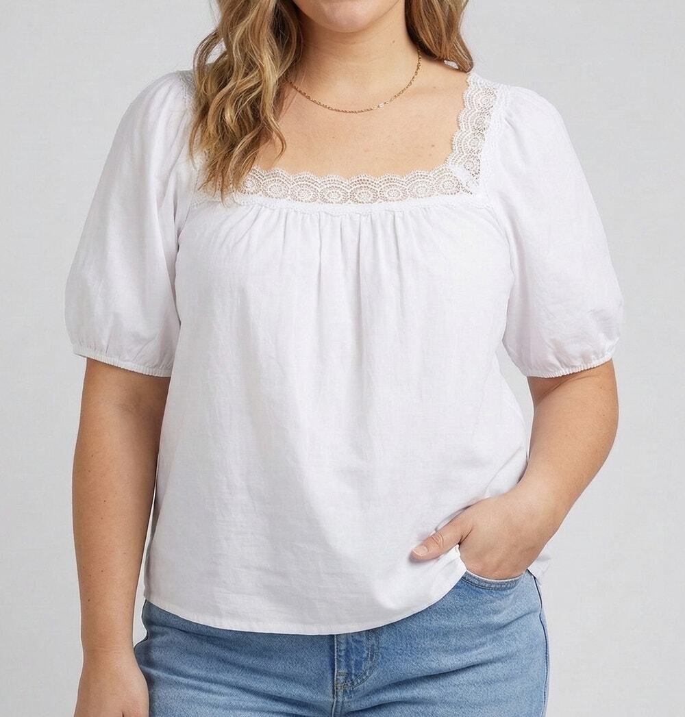 Talbots Plus Size X White Cotton Short Sleeve Top with Lace Square Neckline